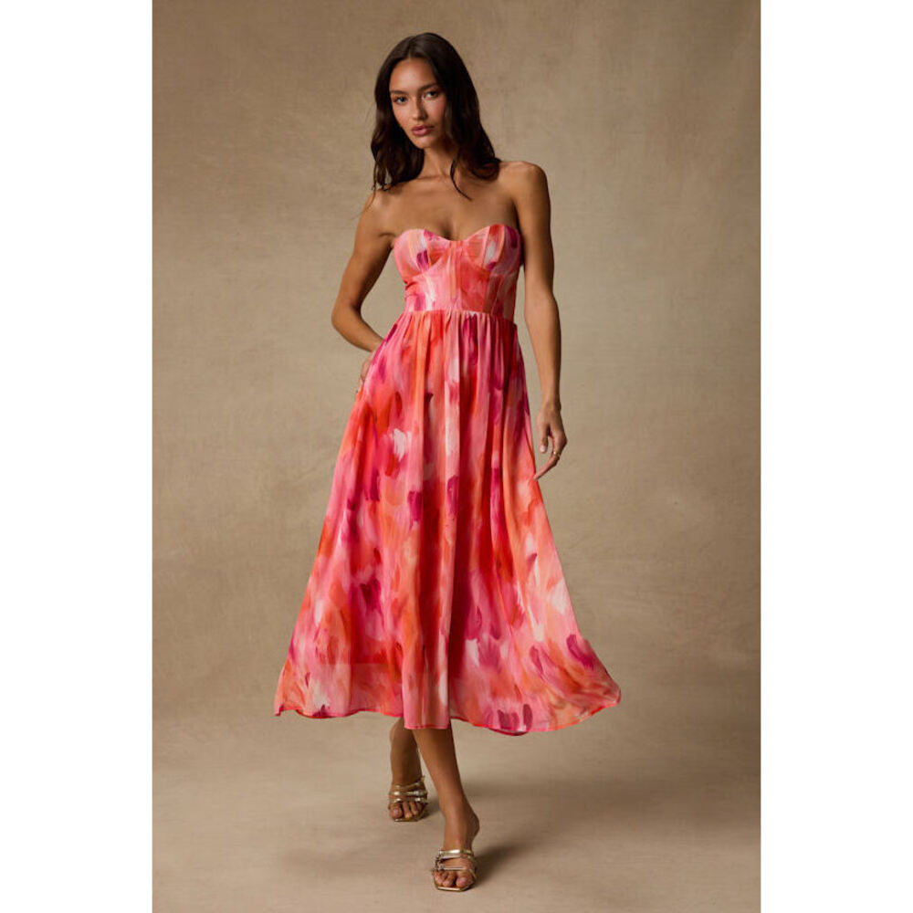 Lulus Aysel Coral Pink Abstract Strapless Bustier Midi Dress - Size L
